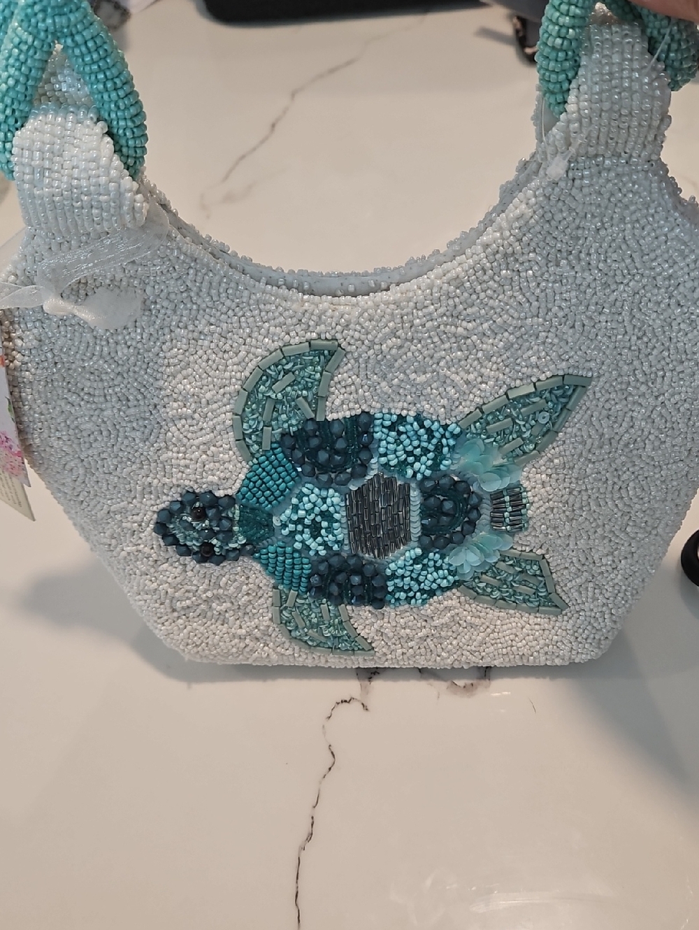 Beaded Turtle Shoulder Bag in White and Aqua
